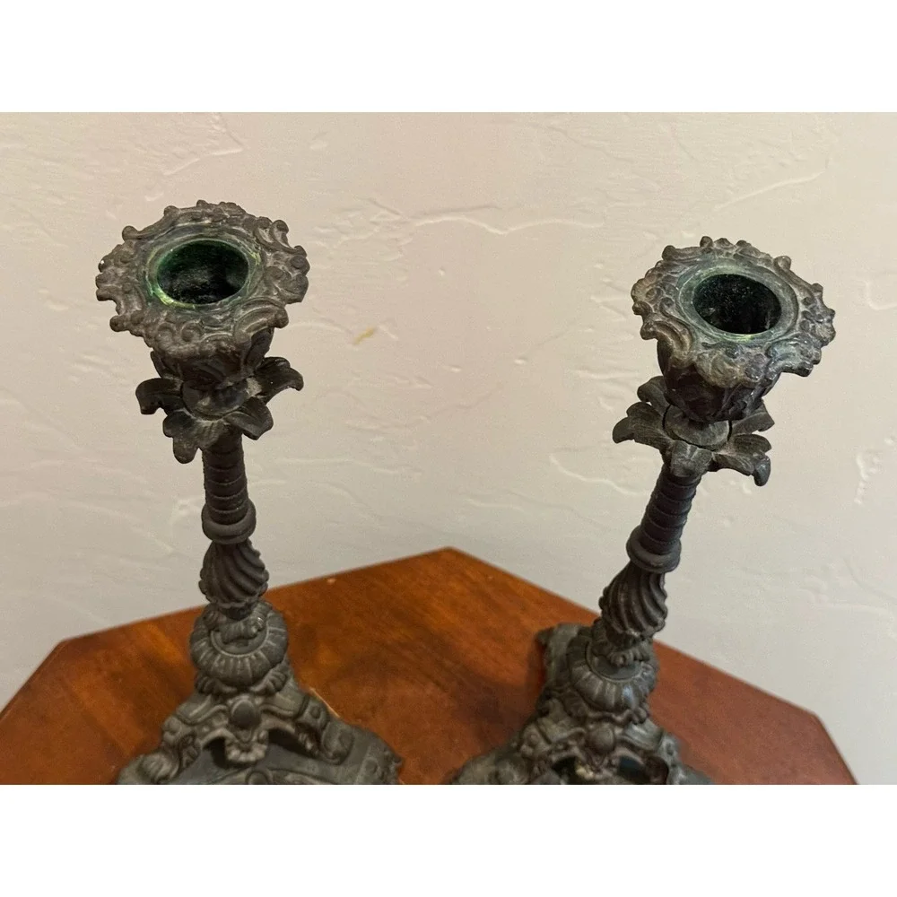 Antique Pair of Brass Baroque Rococo Revival Ornate Candlestick Holders 9